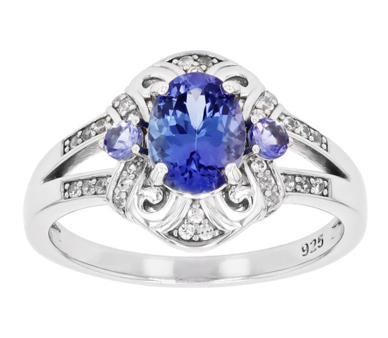 tanzanite and white zircon split shank ring in rhodium over sterling silver