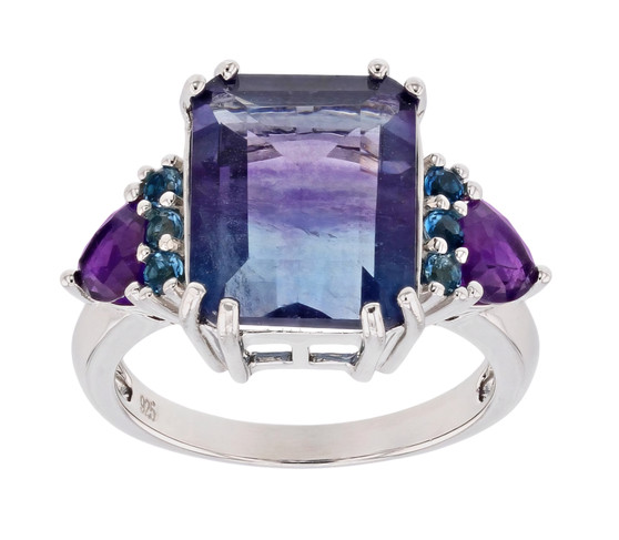 fluorite amethyst and london blue topaz ring in rhodium over sterling silver