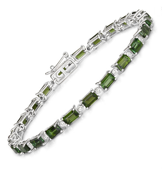 green tourmaline and white diamond emerald cut tennis bracelet in solid 14k white gold