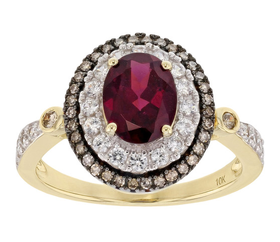 rhodolite garnet champagne diamond and zircon halo ring in 10k yellow gold