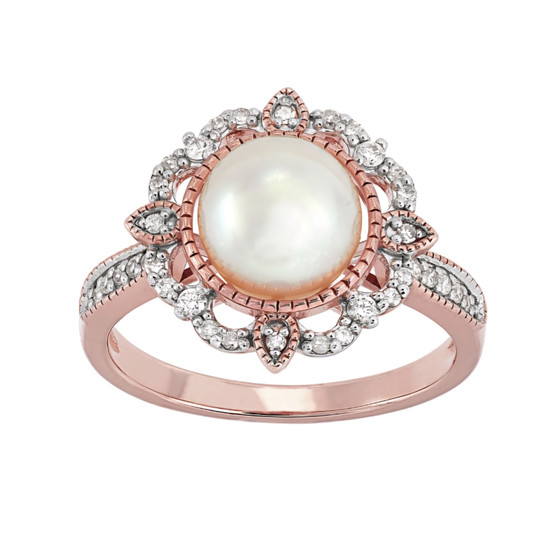 freshwater pearl and diamond halo ring in 10k rose gold