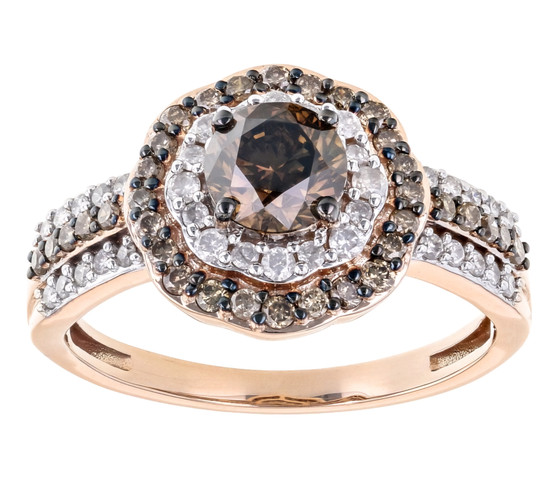 champagne and white diamond halo ring in 10k rose gold