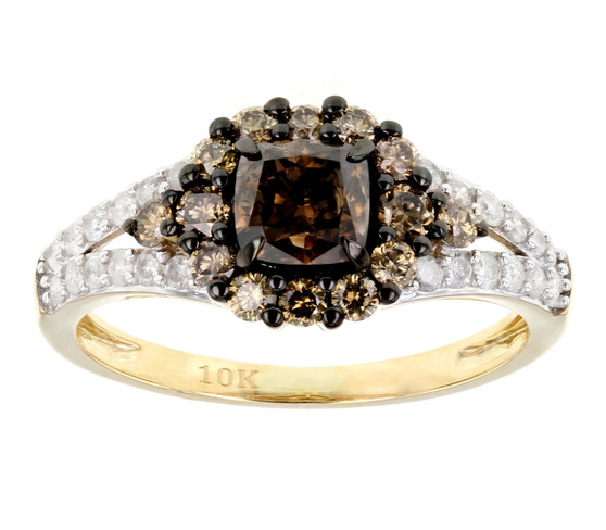 champagne and white diamond halo ring in 10k yellow gold