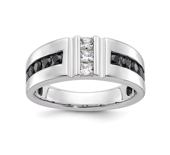 front view of black and white diamond gents wedding ring in 10k white gold