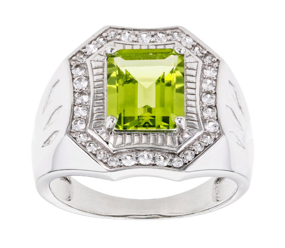 front view of peridot and white zircon gents ring in 10k white gold