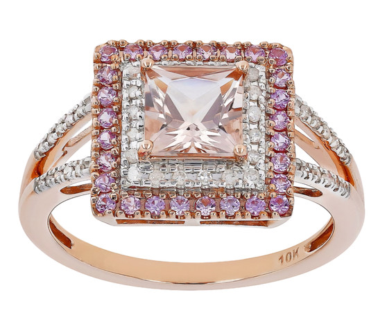 morganite pink sapphire and diamond halo ring in 10k rose gold
