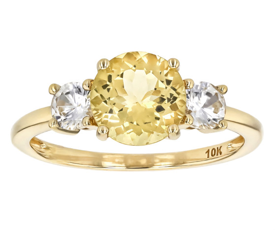 front view of heliodor and white zircon trilogy ring in 10k yellow gold