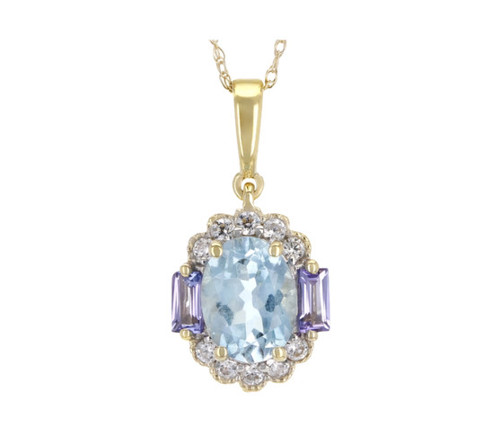 front view of aquamarine tanzanite and zircon pendant necklace in 10k yellow gold