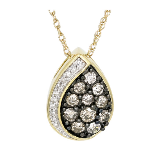 champagne and white diamond cluster pendant necklace in black rhodium and 10k yellow gold