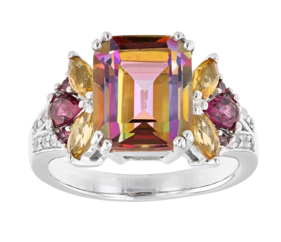 mystic quartz citrine rhodolite garnet and zircon ring in rhodium over sterling silver