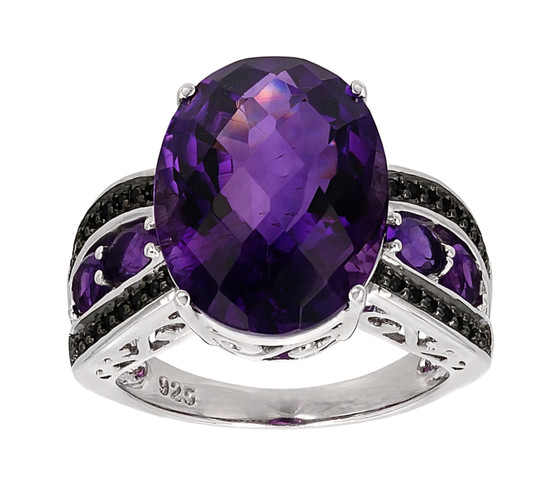amethyst and black spinel ring in black and white rhodium over sterling silver