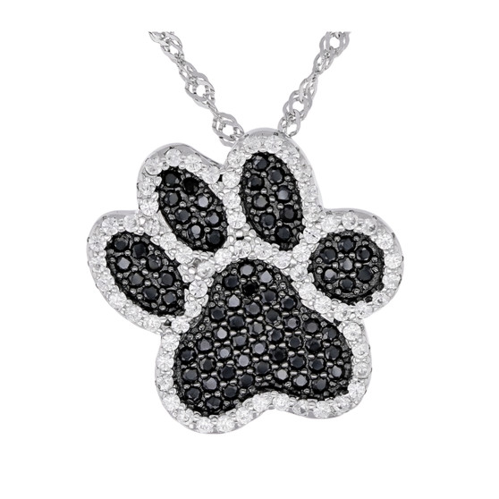 black spinel and white zircon paw print pendant necklace in black and white rhodium over sterling silver
