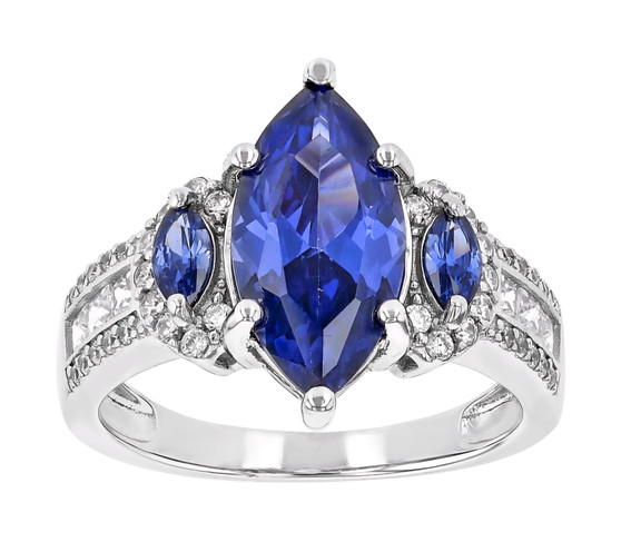 marquise blue and white cz three stone halo ring in rhodium over sterling silver