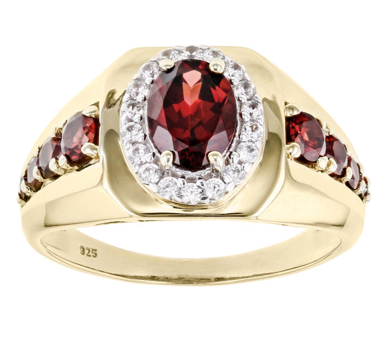 garnet and white zircon gents ring in 18k yellow gold over sterling silver