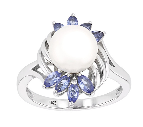front view of white freshwater pearl and tanzanite ring in rhodium over sterling silver