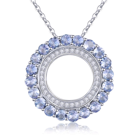 tanzanite and zircon circle pendant necklace in rhodium over sterling silver