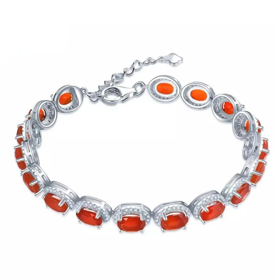 front view of carnelian and oval white zircon halo tennis bracelet in rhodium over sterling silver