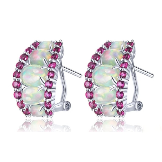 ethiopian welo opal and rhodolite garnet earrings in rhodium over sterling silver