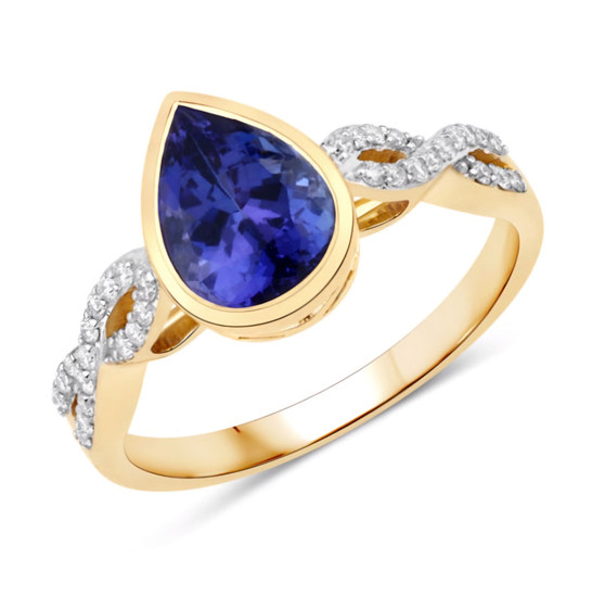 bezel set pear cut tanzanite and diamond ring in 14k yellow gold