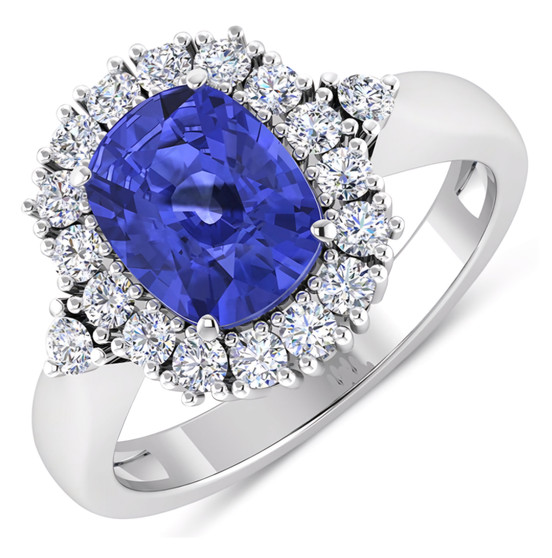 cushion tanzanite and diamond halo ring in 14k white gold