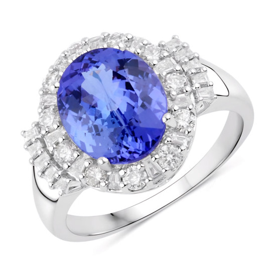 oval tanzanite and diamond halo ring in 14k white gold