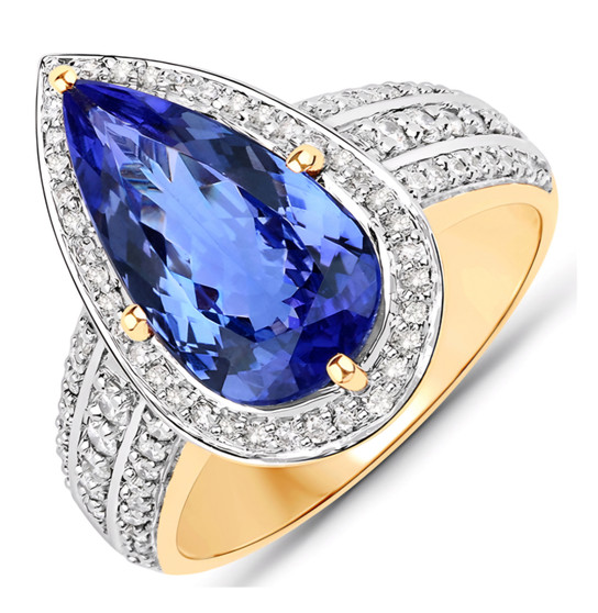pear cut tanzanite and diamond ring in 14k yellow gold