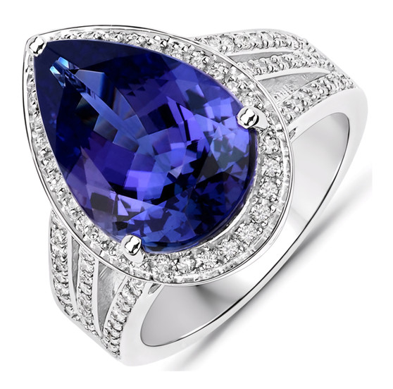 pear cut tanzanite and diamond halo split shank ring in 14k white gold