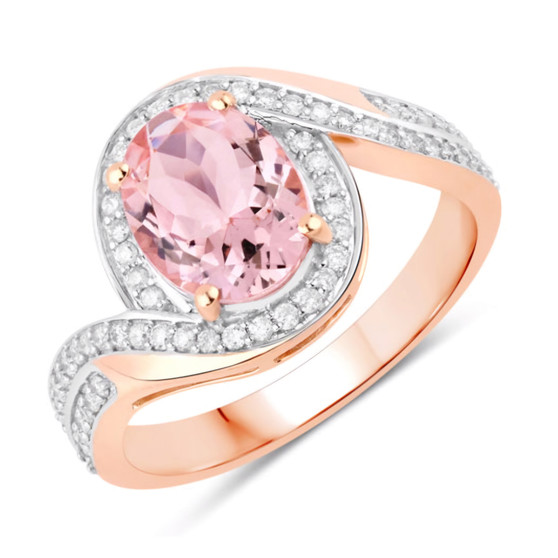 oval cut morganite and diamond halo ring in 14k rose gold