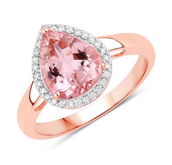 pear cut morganite and diamond halo ring in 14k rose gold