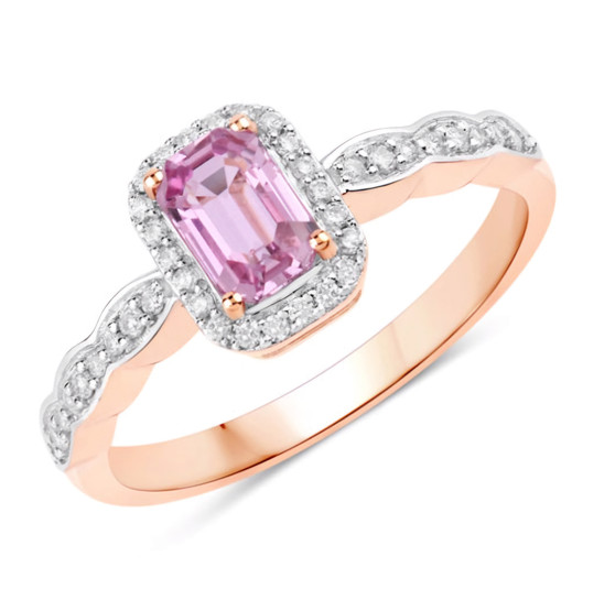 emerald cut pink sapphire and diamond halo ring in 14k rose gold