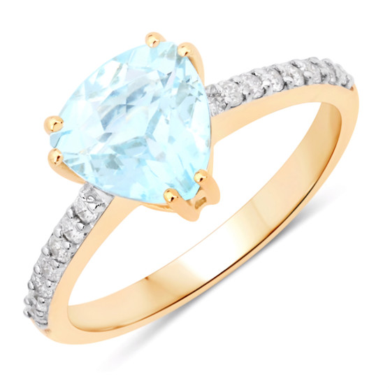 front view of trillion aquamarine and diamond halo ring in 14k yellow gold