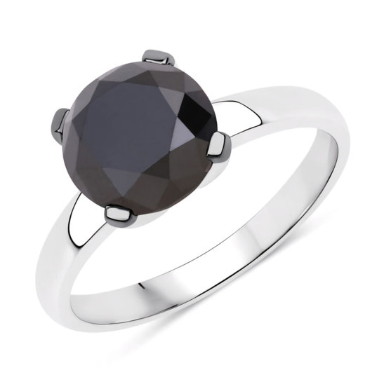 front view of round black diamond solitaire ring in 14k white gold