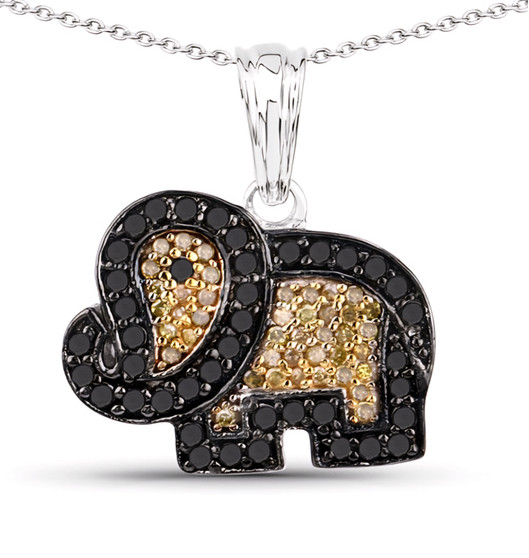 black and yellow diamond elephant pendant necklace in rhodium over sterling silver