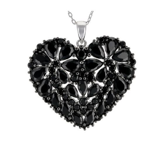 black spinel heart cluster pendant necklace in rhodium over sterling silver