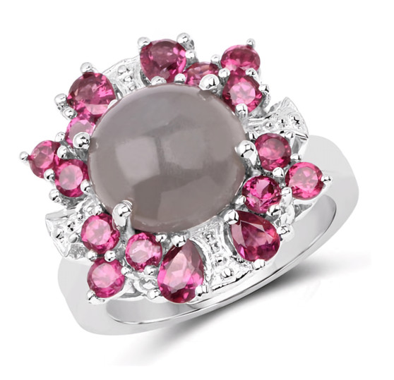 front view of gray moonstone and rhodolite garnet halo ring in rhodium over sterling silver