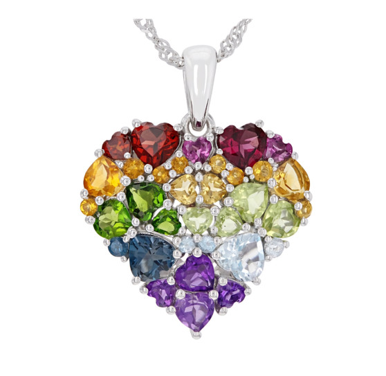 multi gemstone heart cluster pendant necklace in rhodium over sterling silver