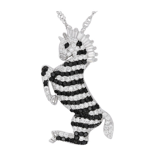 black spinel and white cz zebra pendant necklace in black and white rhodium over sterling silver