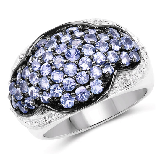 tanzanite and white topaz cluster band ring in two-tone black and white rhodium over sterling silver