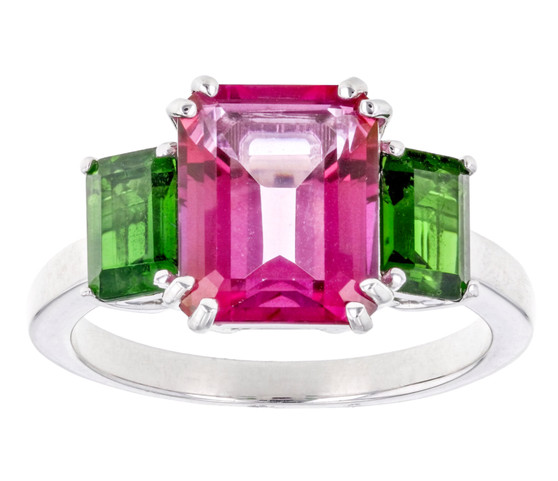 pink topaz and chrome diopside trilogy ring in rhodium over sterling silver