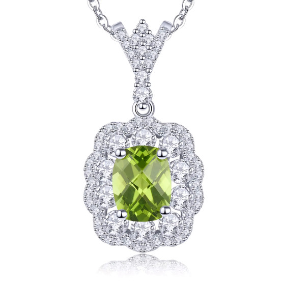 peridot and white zircon halo pendant necklace in rhodium over sterling silver
