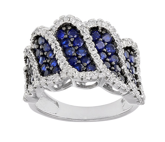 lab blue spinel and cz cluster band ring in black and white rhodium over sterling silver