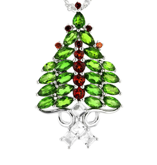 christmas tree pendant necklace with chrome diopside garnet and white topaz in rhodium over sterling silver