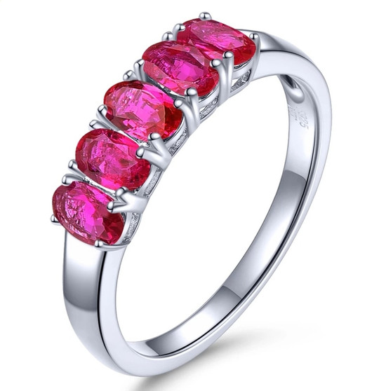 five stone natural gemstone band ring in rhodium over sterling silver