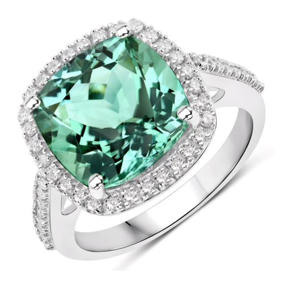 blue green tourmaline and diamond cushion halo ring in solid 14k white gold