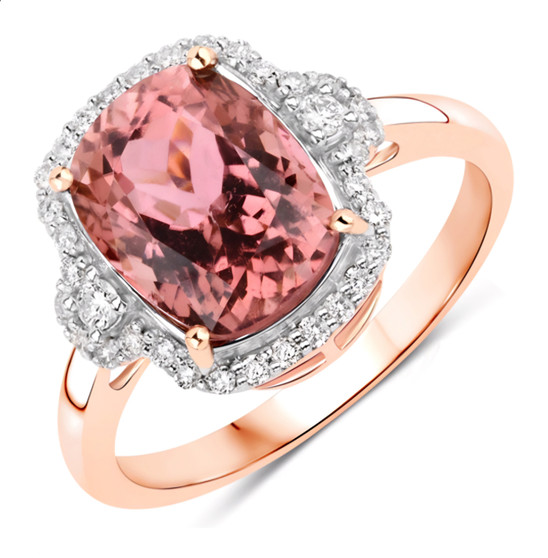 pink tourmaline and white diamond halo ring in solid 14k rose gold