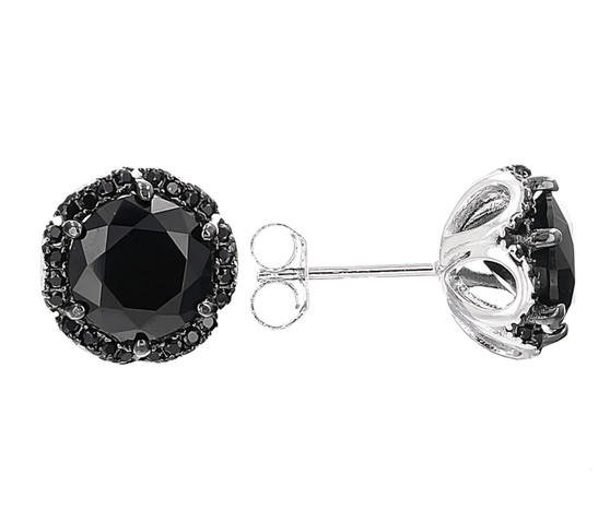 round black spinel halo earrings in rhodium over sterling silver