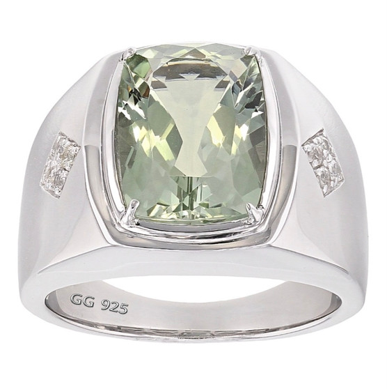prasiolite and white sapphire mens ring in rhodium over sterling silver front
