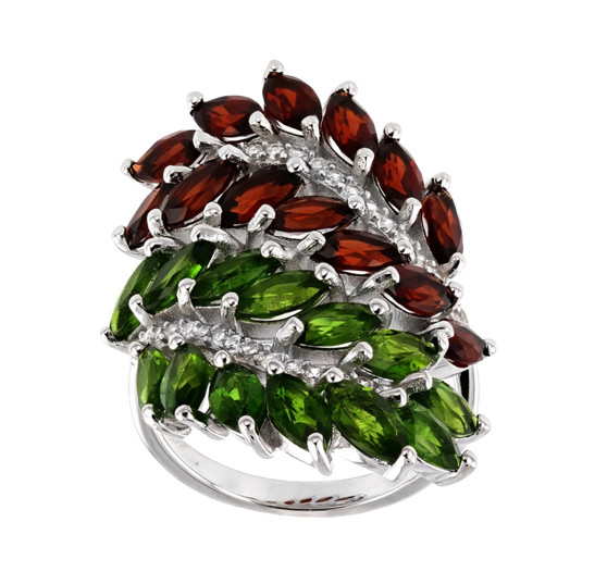 garnet chrome diopside and zircon crossover cluster ring in rhodium over sterling silver