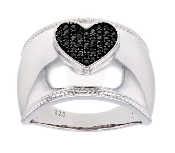 black spinel heart wide band ring in black and white rhodium over sterling silver