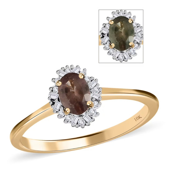 color change garnet and diamond oval halo ring in 10k yellow gold